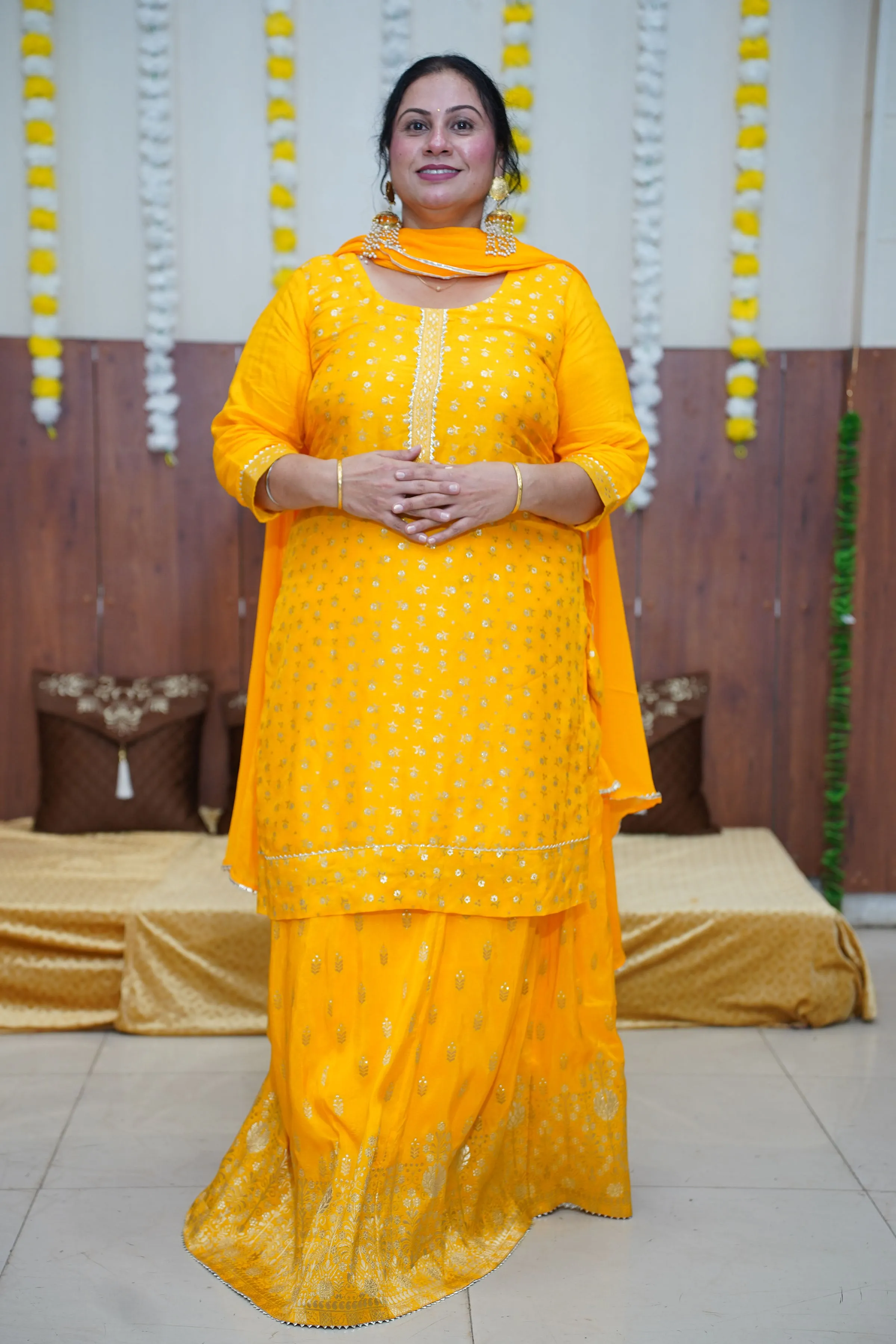 Mustard Gold Jacquard Skirt Suit