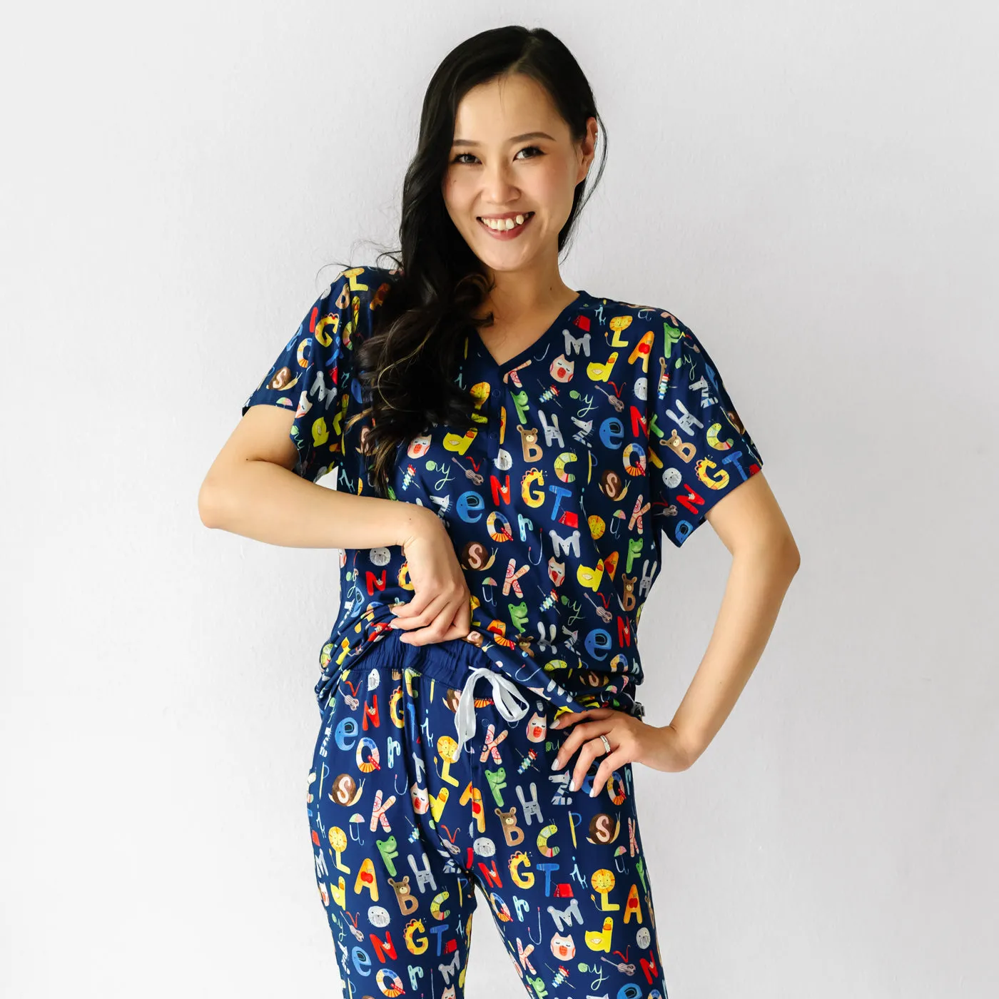 Navy Alphabet Friends Women's Short Sleeve Pajama Top