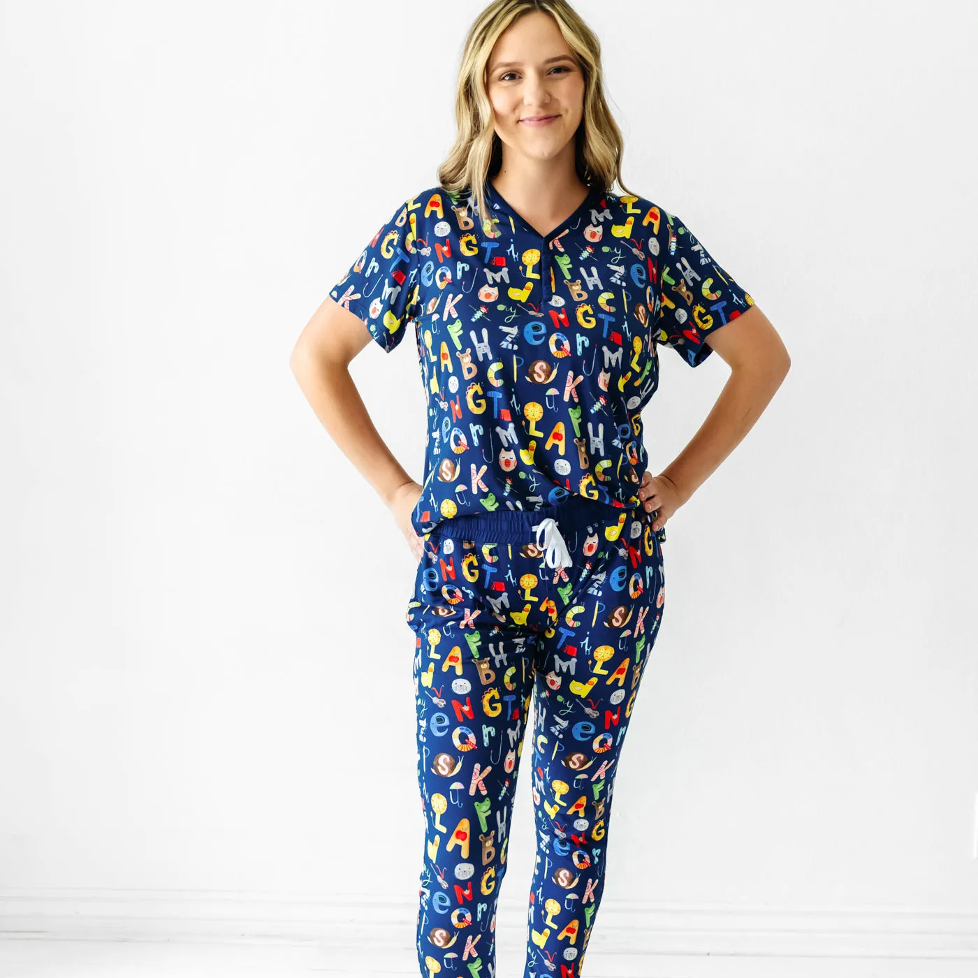 Navy Alphabet Friends Women's Short Sleeve Pajama Top