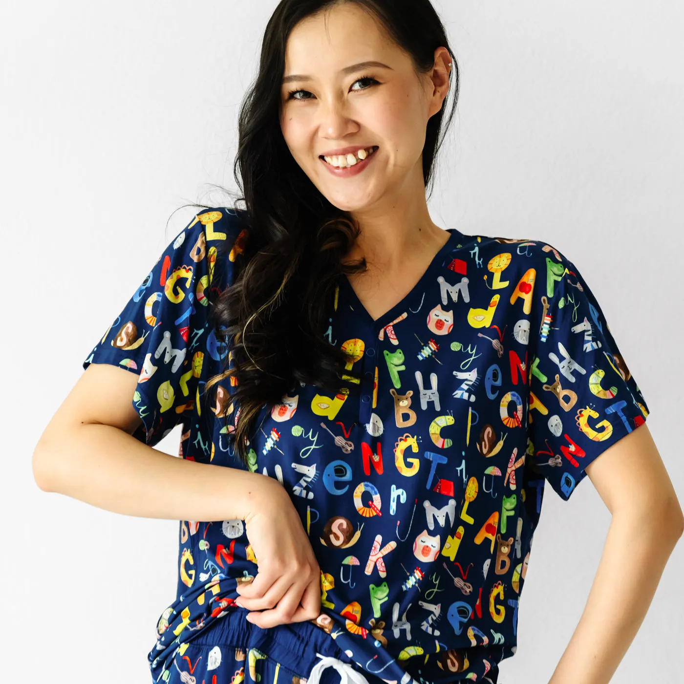 Navy Alphabet Friends Women's Short Sleeve Pajama Top