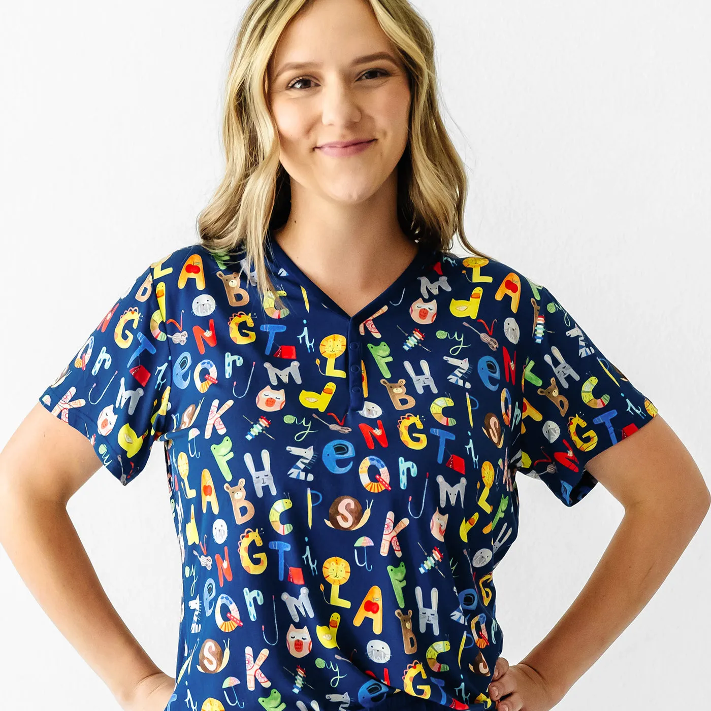 Navy Alphabet Friends Women's Short Sleeve Pajama Top