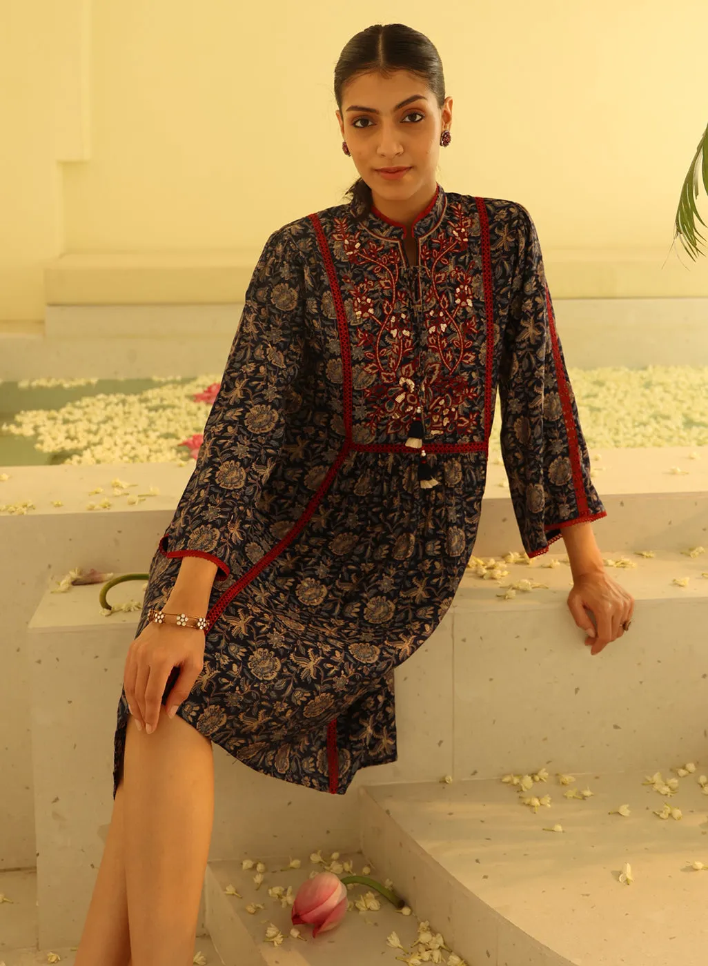 Navy Blue Printed Kurta