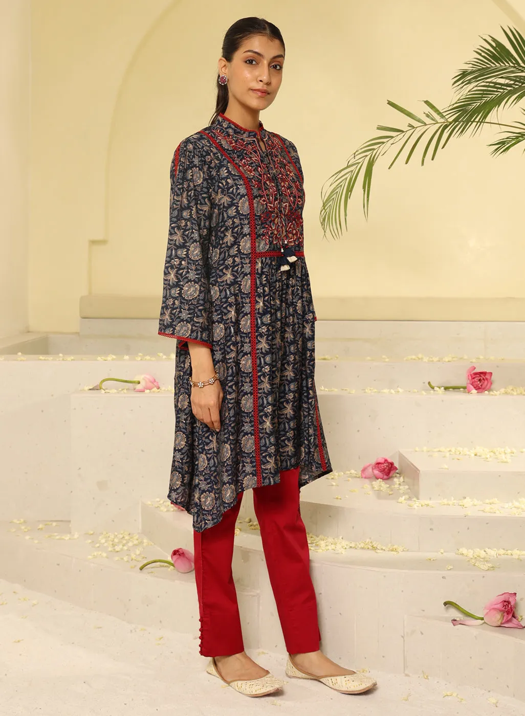 Navy Blue Printed Kurta