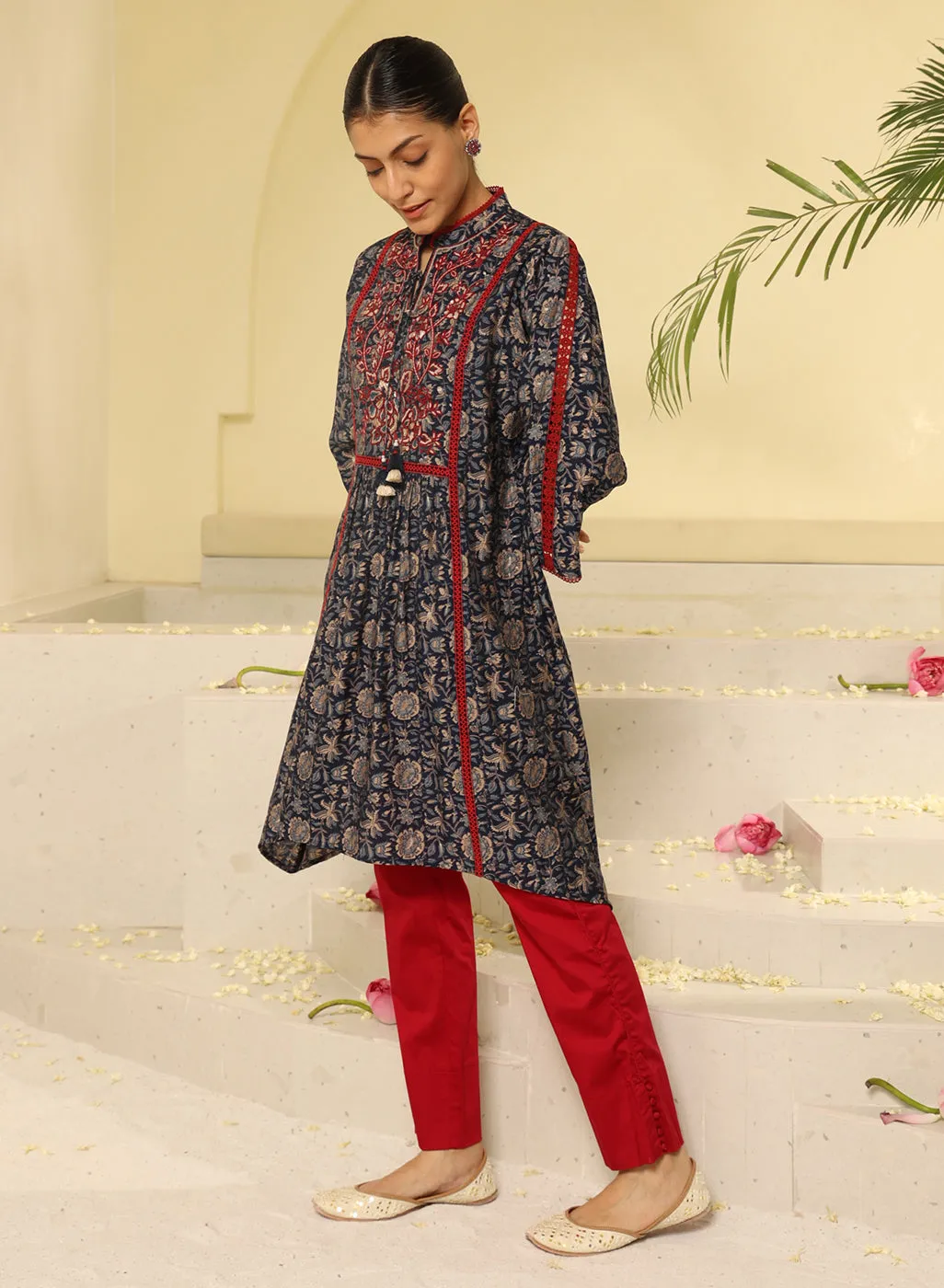 Navy Blue Printed Kurta