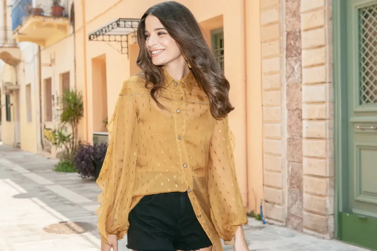 Ochre Embroidered Cowl Shirt