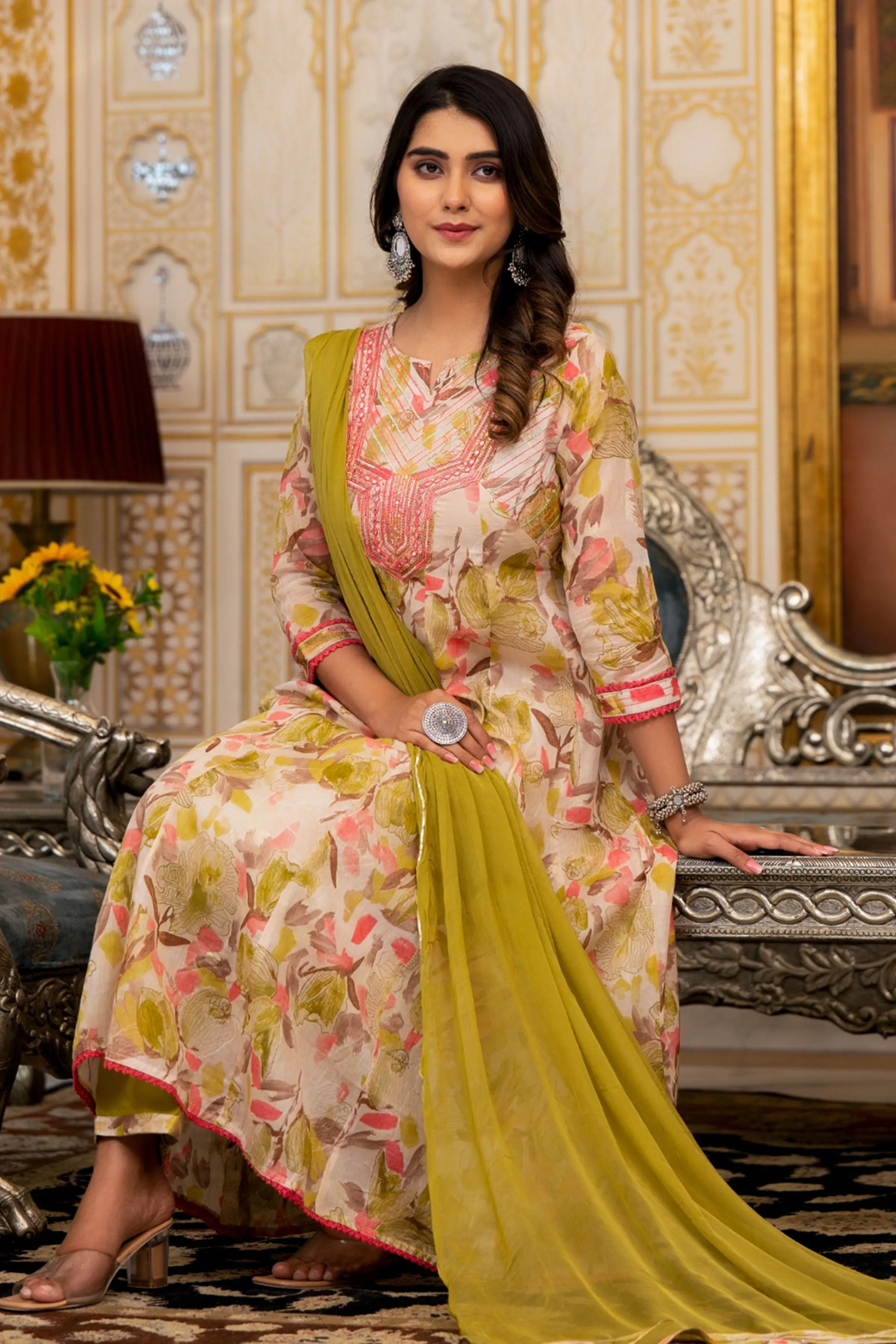 Olive Floral Foiled Anarkali Set