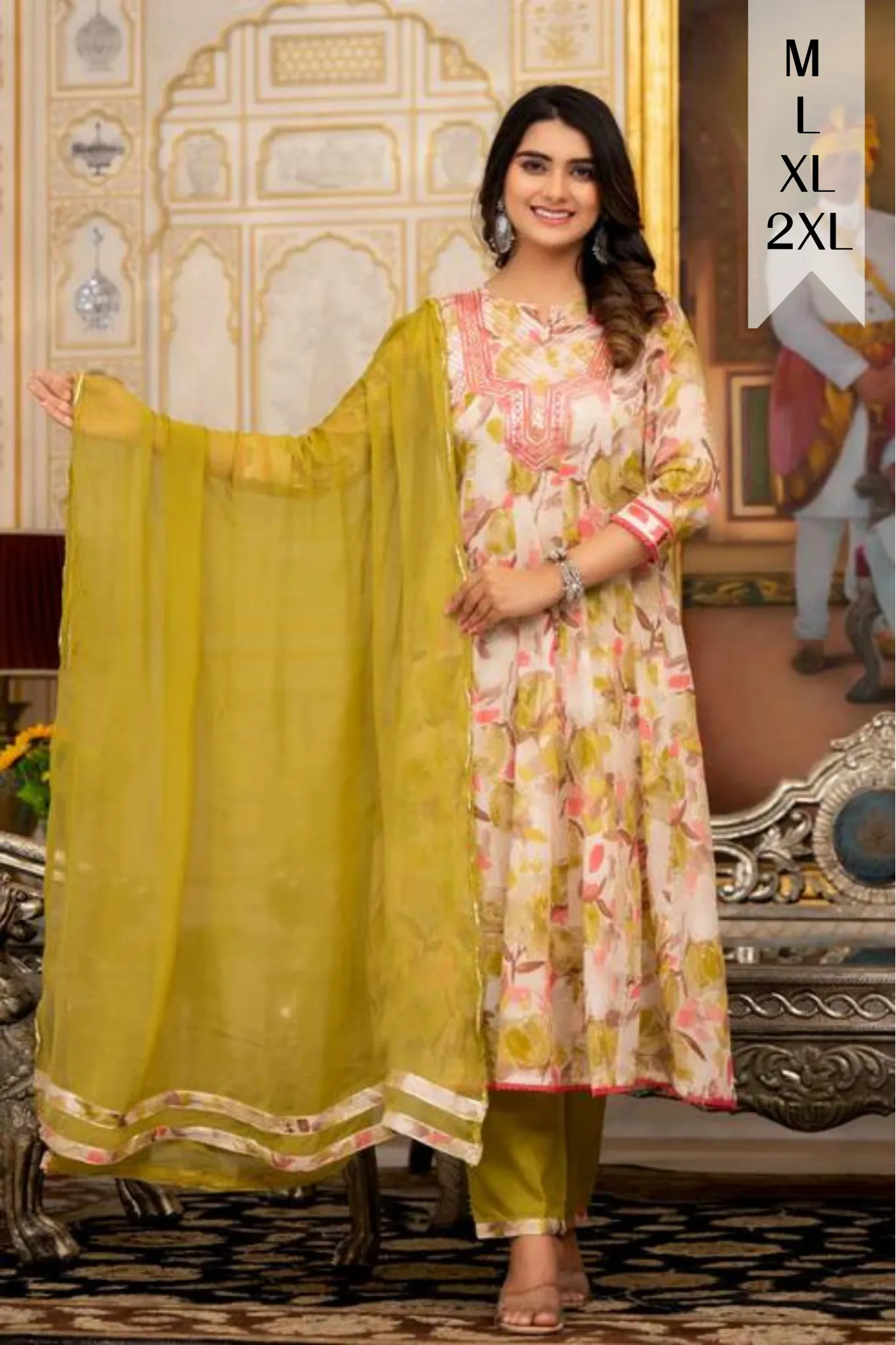 Olive Floral Foiled Anarkali Set