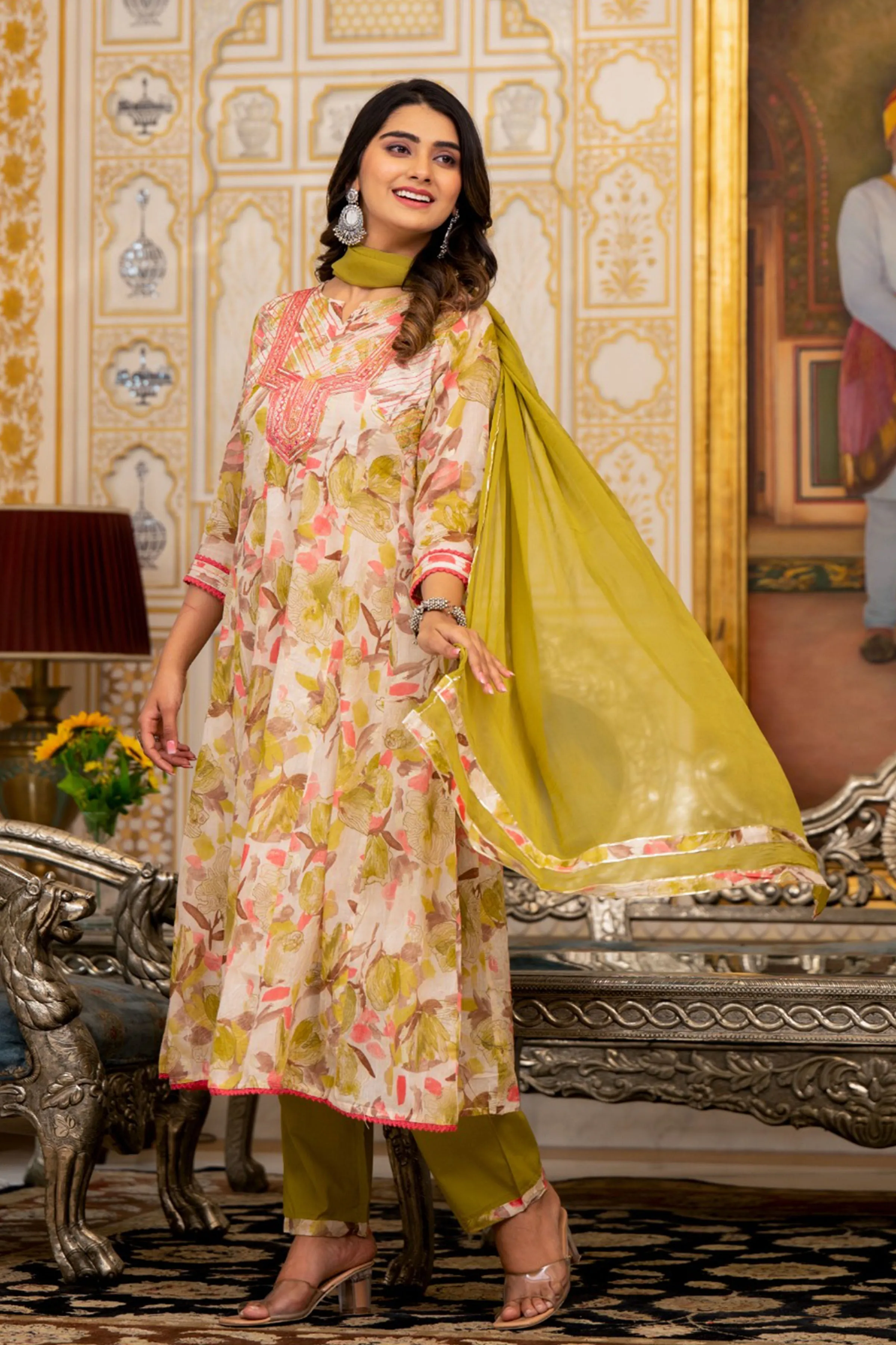 Olive Floral Foiled Anarkali Set