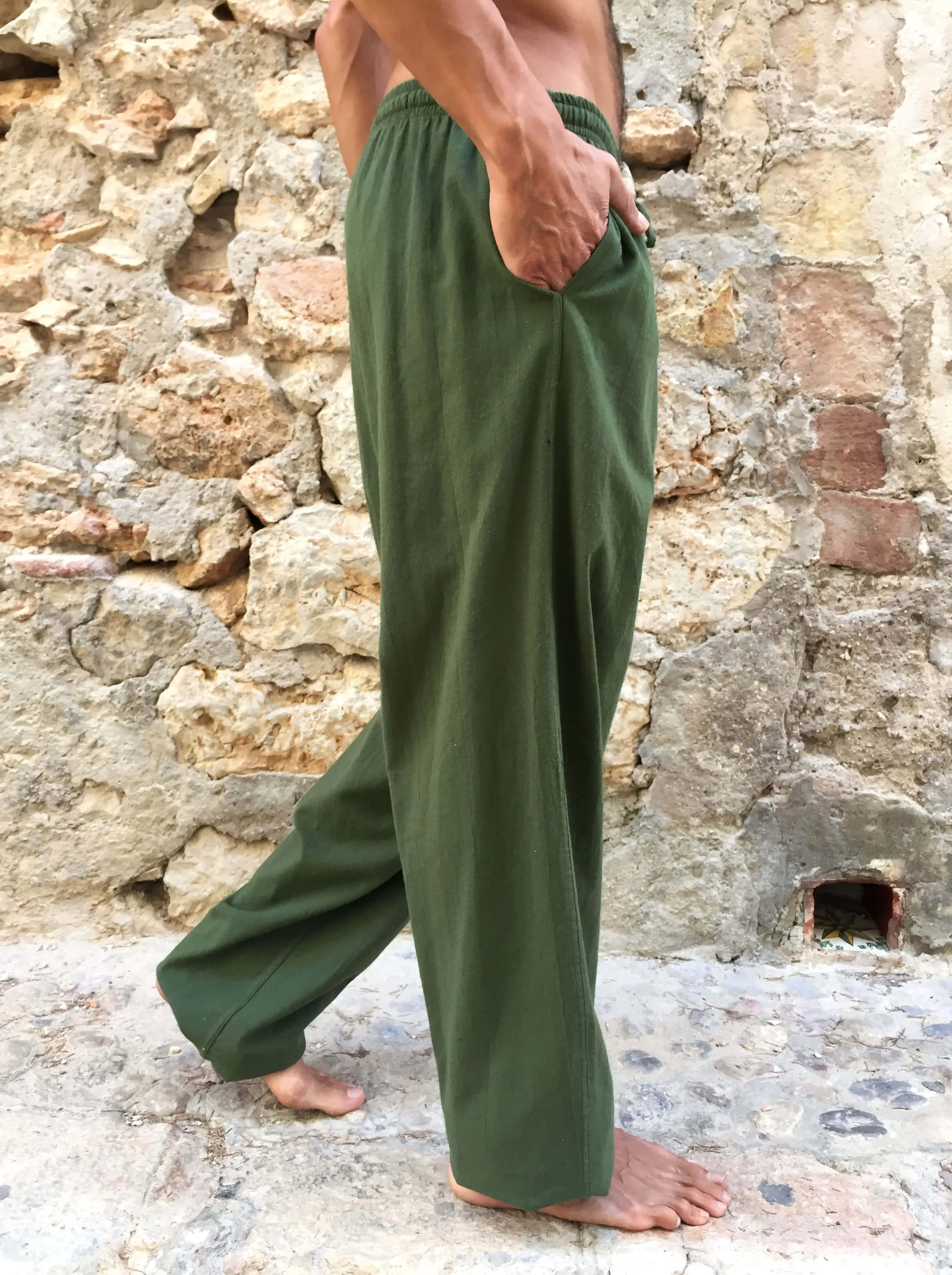 Olive Green Cotton Drawstring Pants