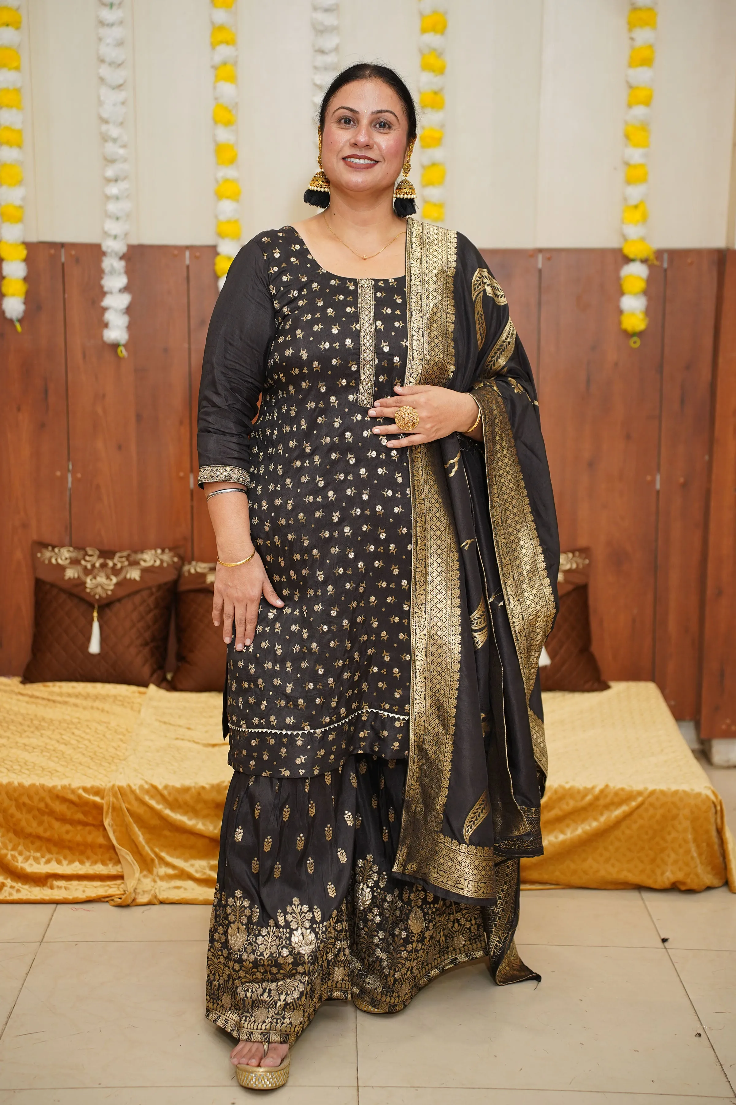 Opulent Black Jacquard Sharara Suit