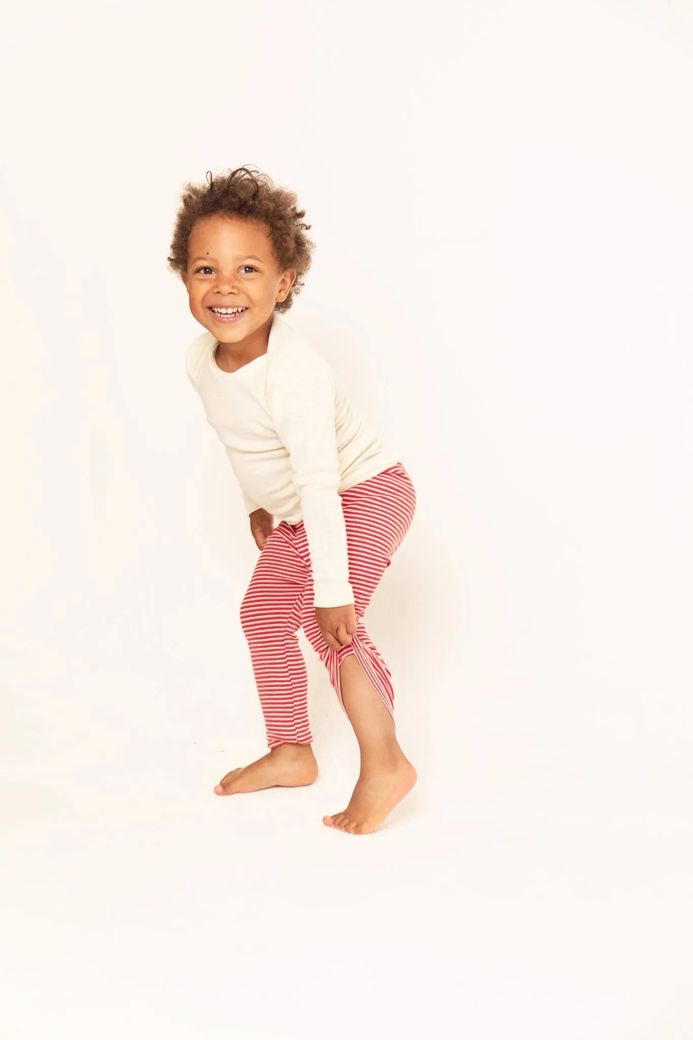 organic merino wool and silk kids leggings - red/natural stripe