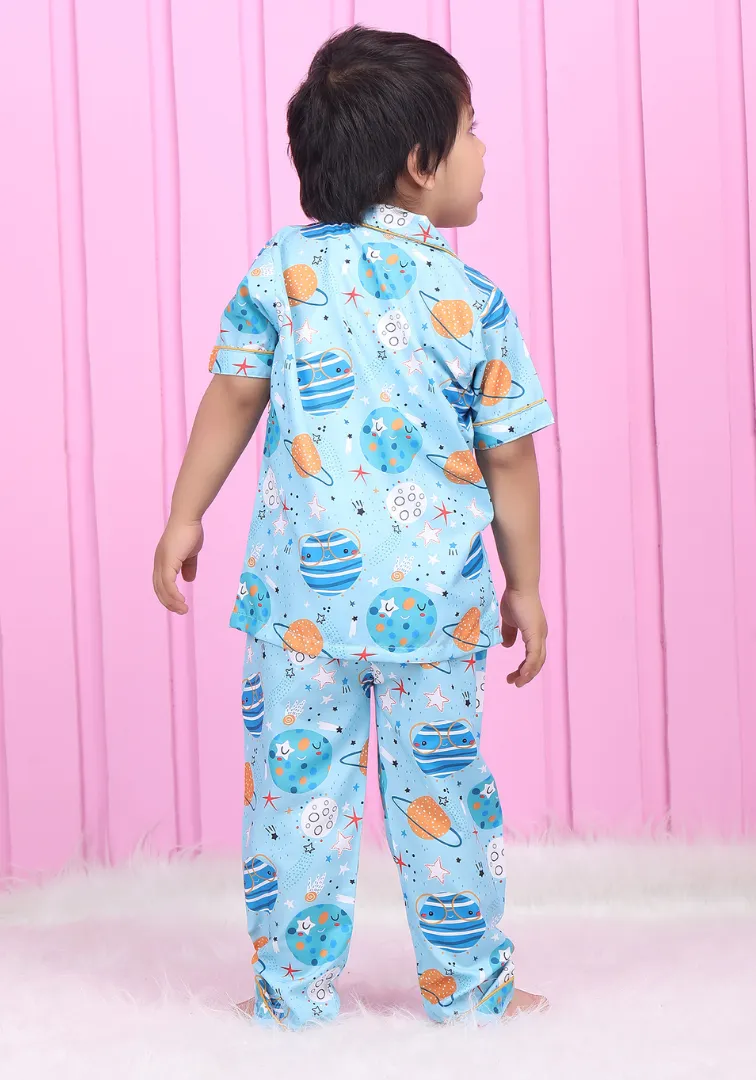 Polka tots Half Sleeves Space print Night Suit - Blue