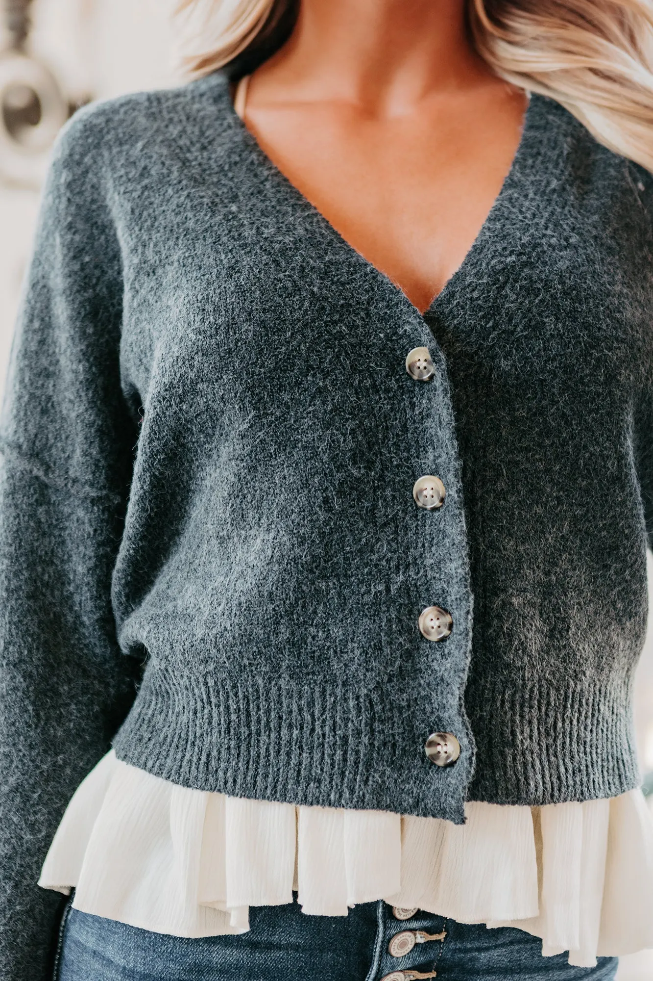 "Picked The Best One" Cropped Button-Front Sweater (Slate Blue)