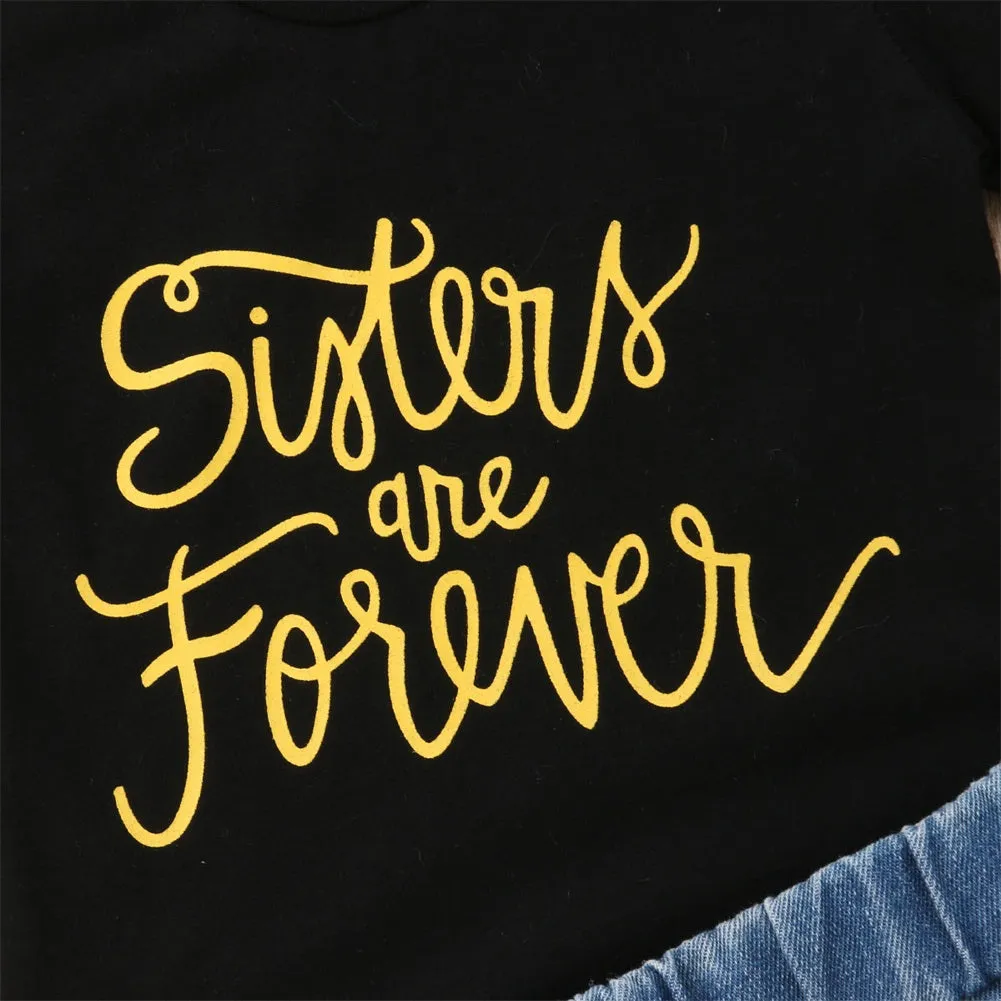 Sisters Forever Sequin T-Shirt Denim Shorts Outfit