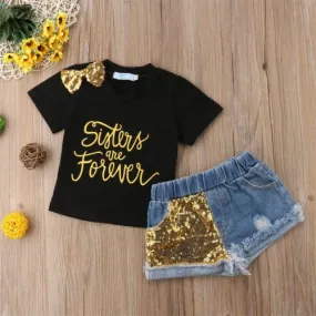 Sisters Forever Sequin T-Shirt Denim Shorts Outfit