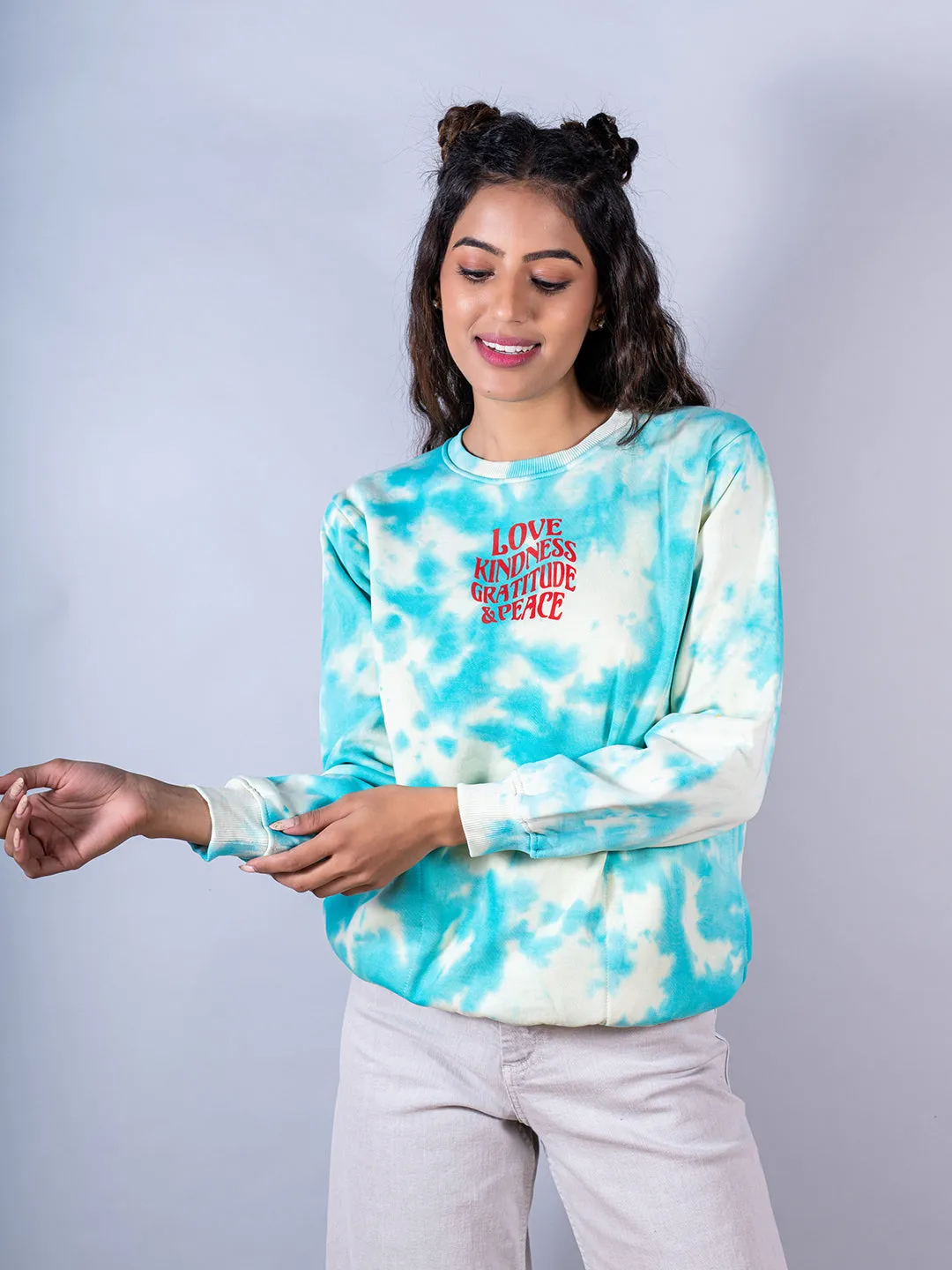 Sky Blue Love Kindness Gratitude and Peace Tie-Dye Sweatshirt