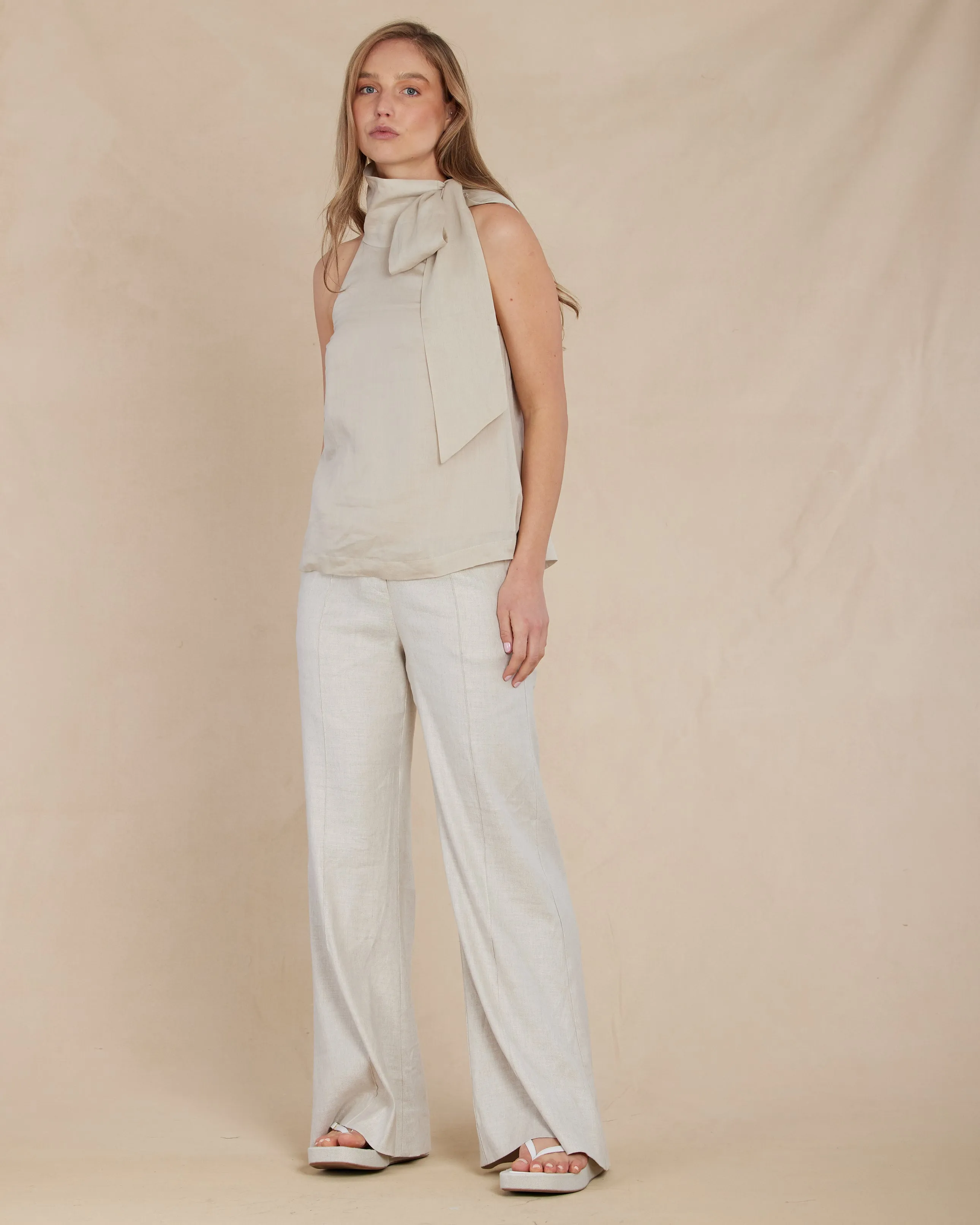 Sofia Ramie Twill Tie-Neck Top - Crema