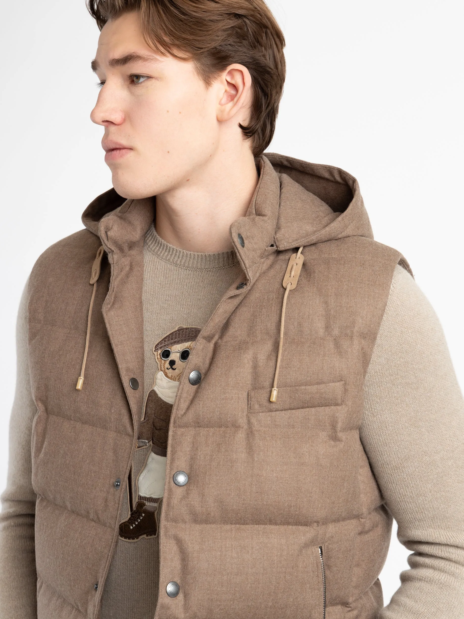 Taupe Joel Wool Flannel Hooded Down Vest