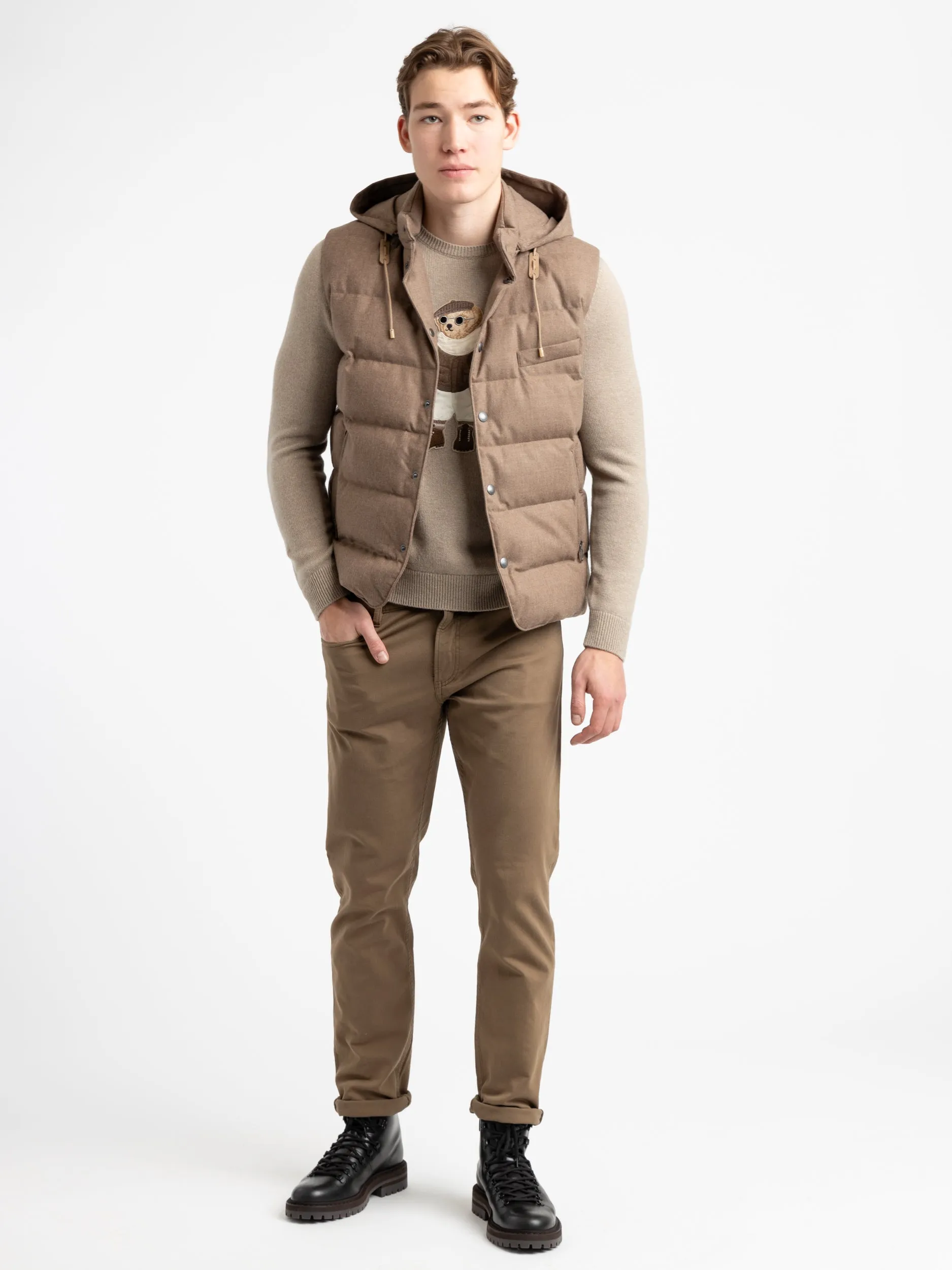 Taupe Joel Wool Flannel Hooded Down Vest