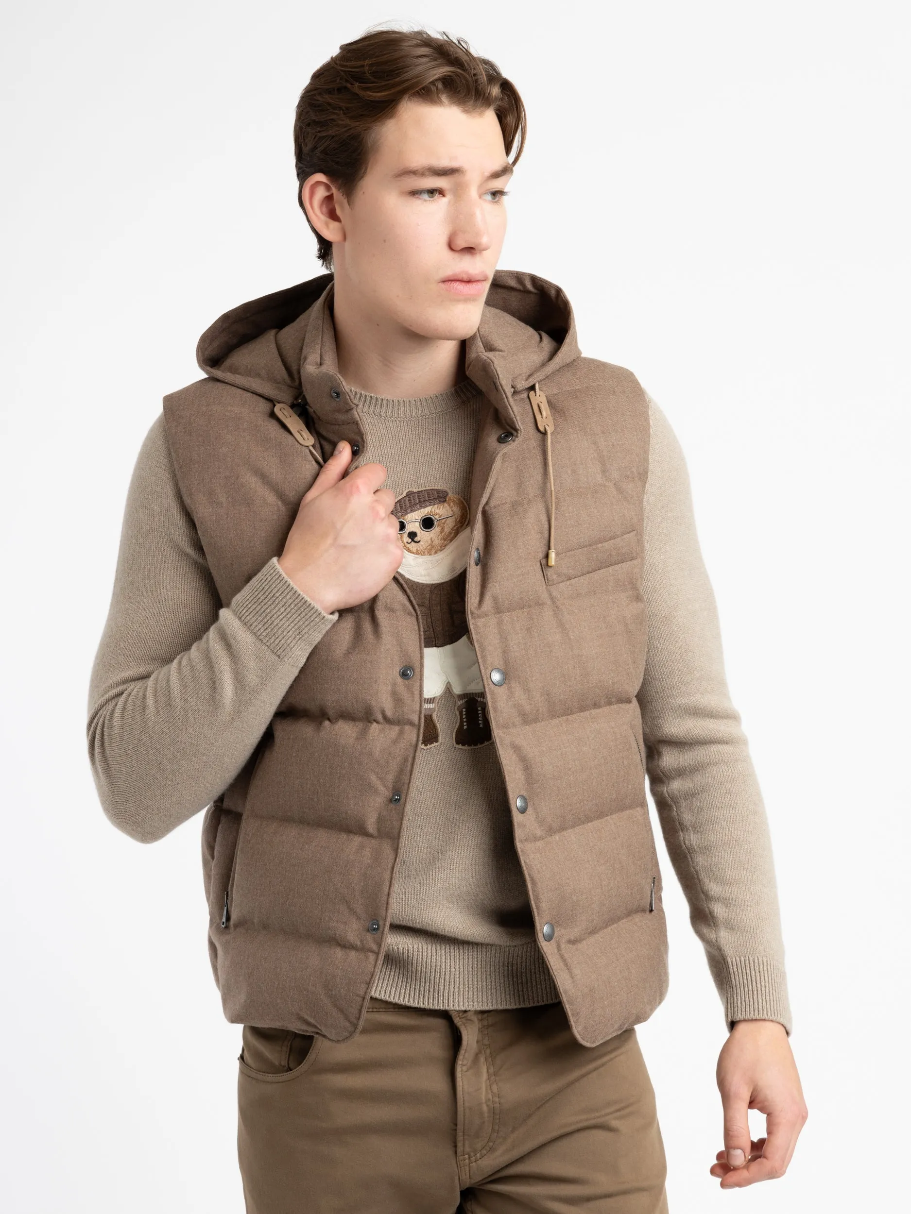 Taupe Joel Wool Flannel Hooded Down Vest