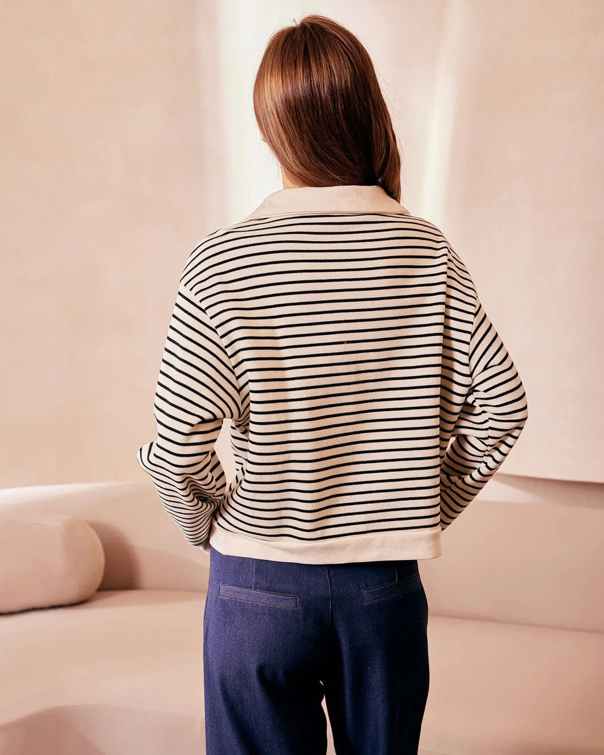 The Apricot Lapel Scalloped Striped Sweatshirt