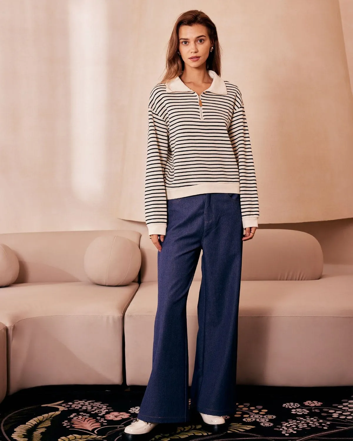 The Apricot Lapel Scalloped Striped Sweatshirt