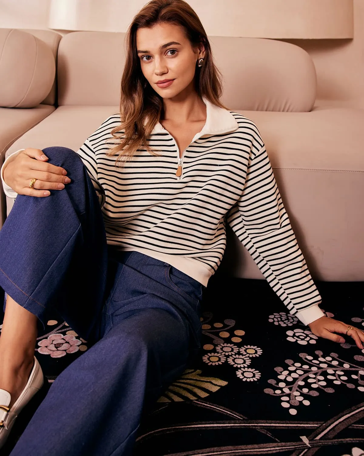 The Apricot Lapel Scalloped Striped Sweatshirt