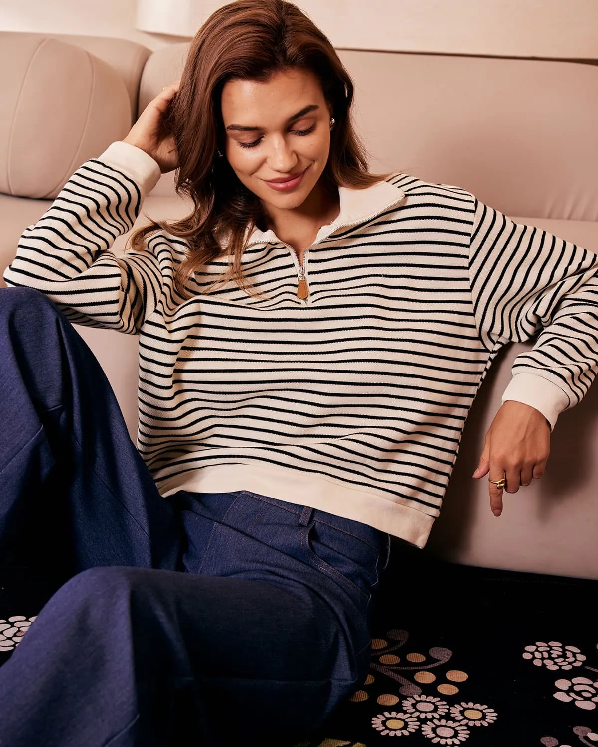 The Apricot Lapel Scalloped Striped Sweatshirt