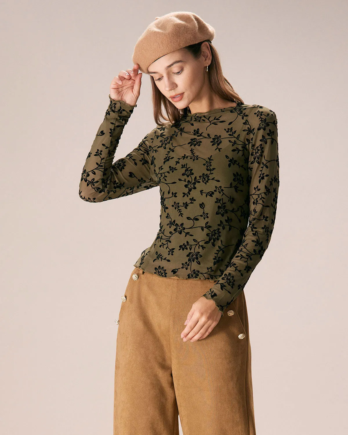 The Army Green Mesh Floral Blouse & Cami Top