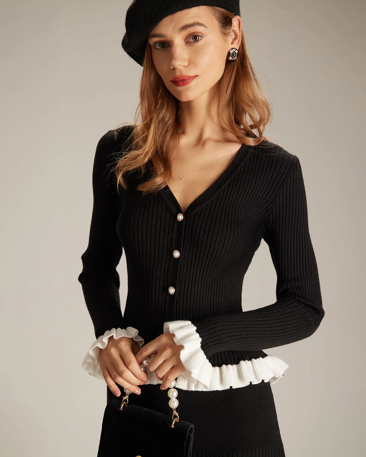 The Black V Neck Contrast Trim Ruffle Cardigan