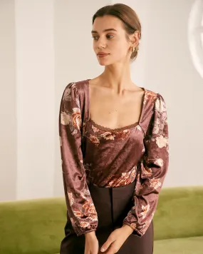 The Brown Square Neck Floral Lace Blouse