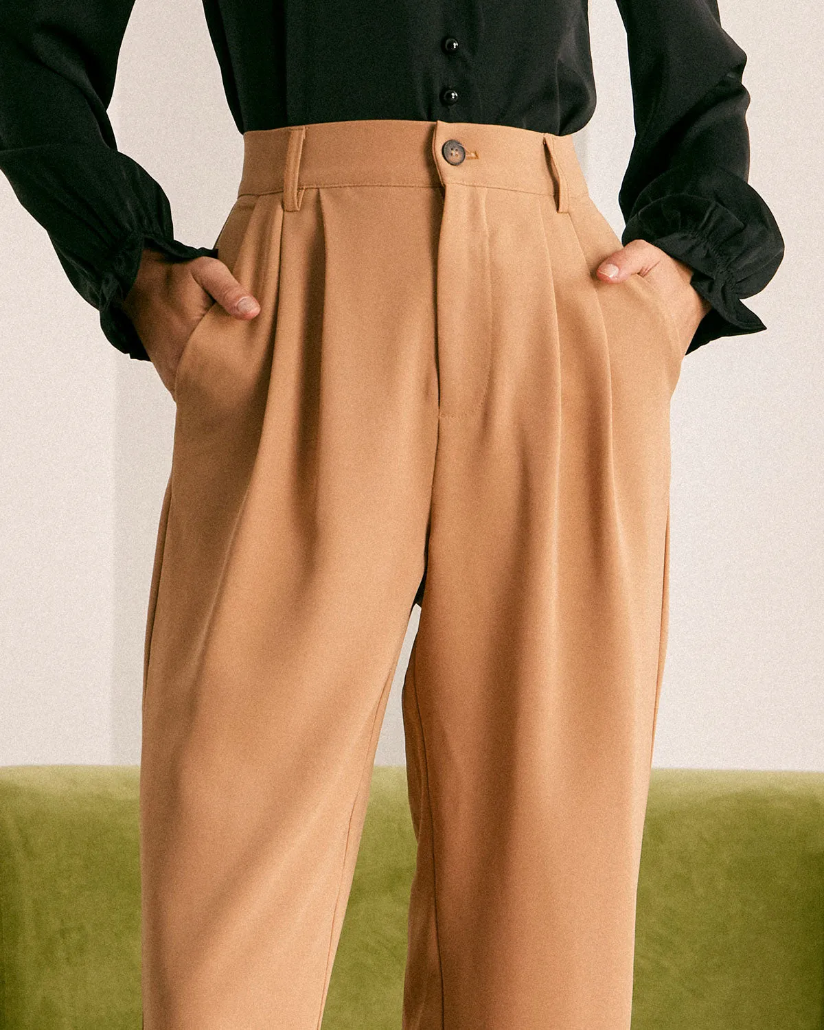 The Khaki High Waisted Pleated Tapered Pants