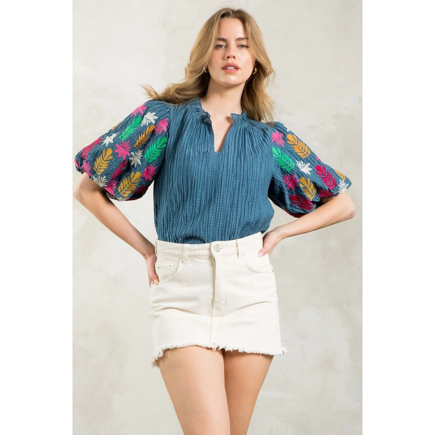 Tisha Embroidered Puff Sleeve THML Top