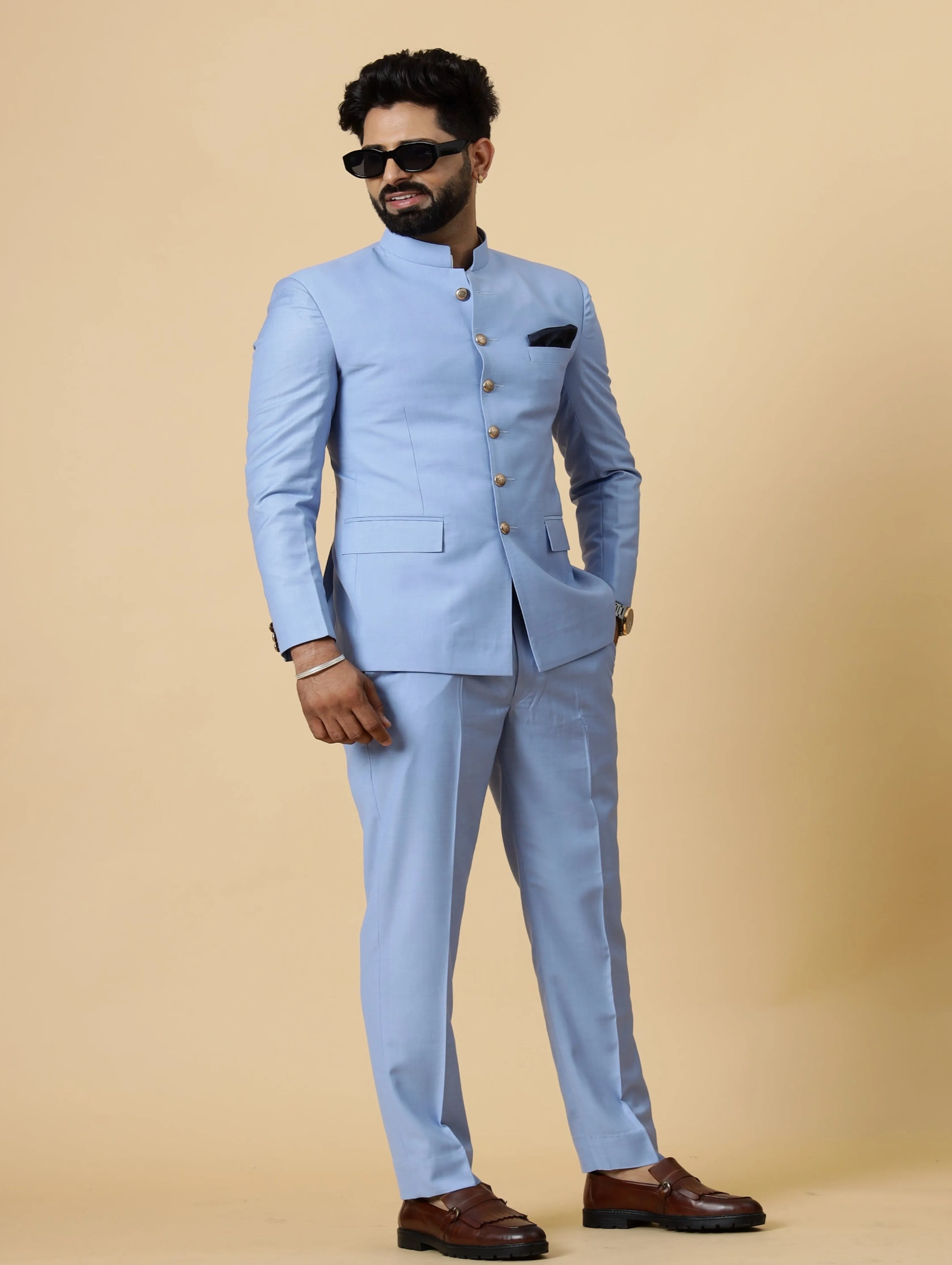 Traditional Corn-Flower Blue Jodhpuri Suit | Perfect for Wedding and Casual wear|