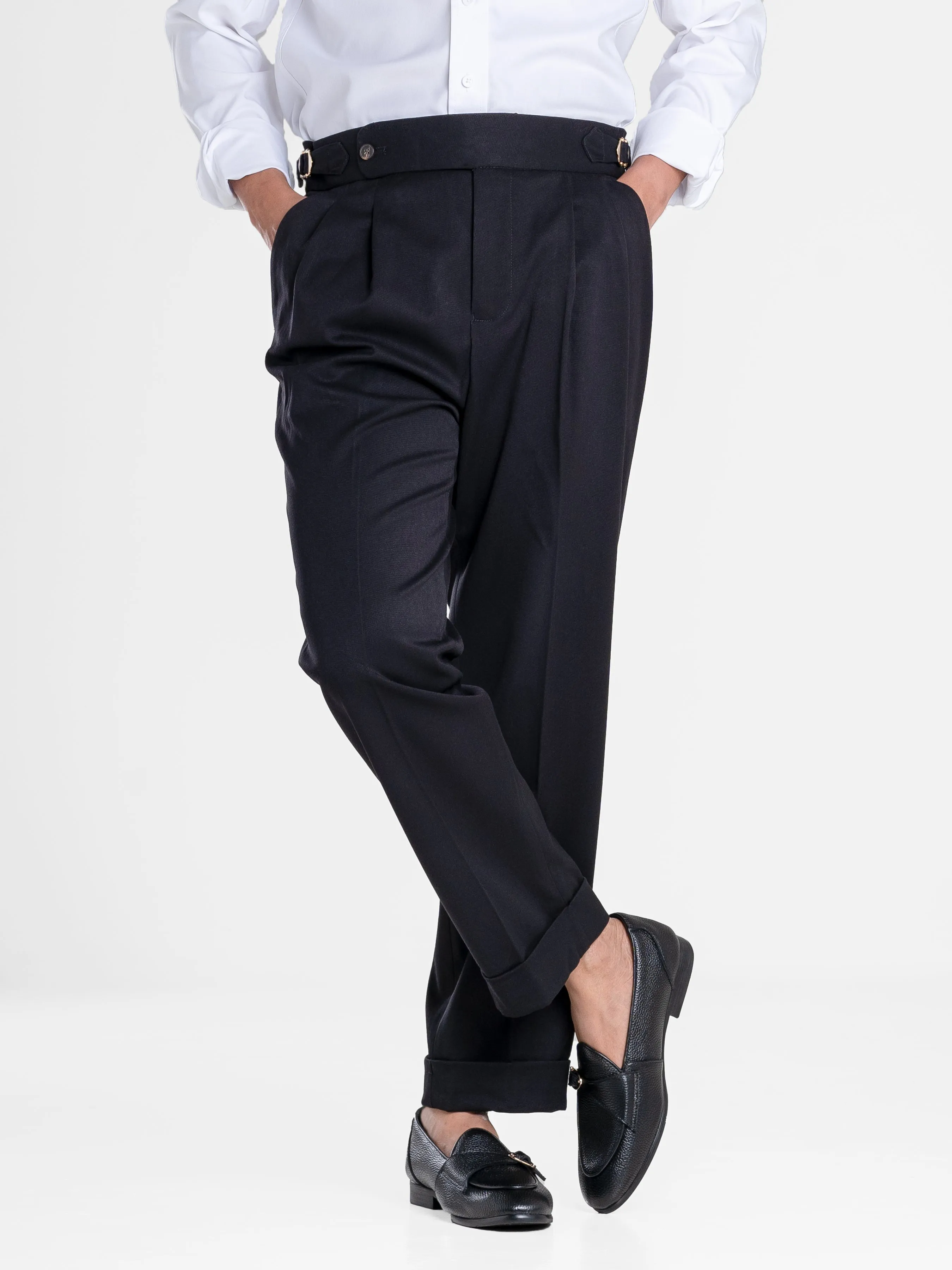 Trousers With Side Adjusters - Black Solid Cuffed (Stretchable)