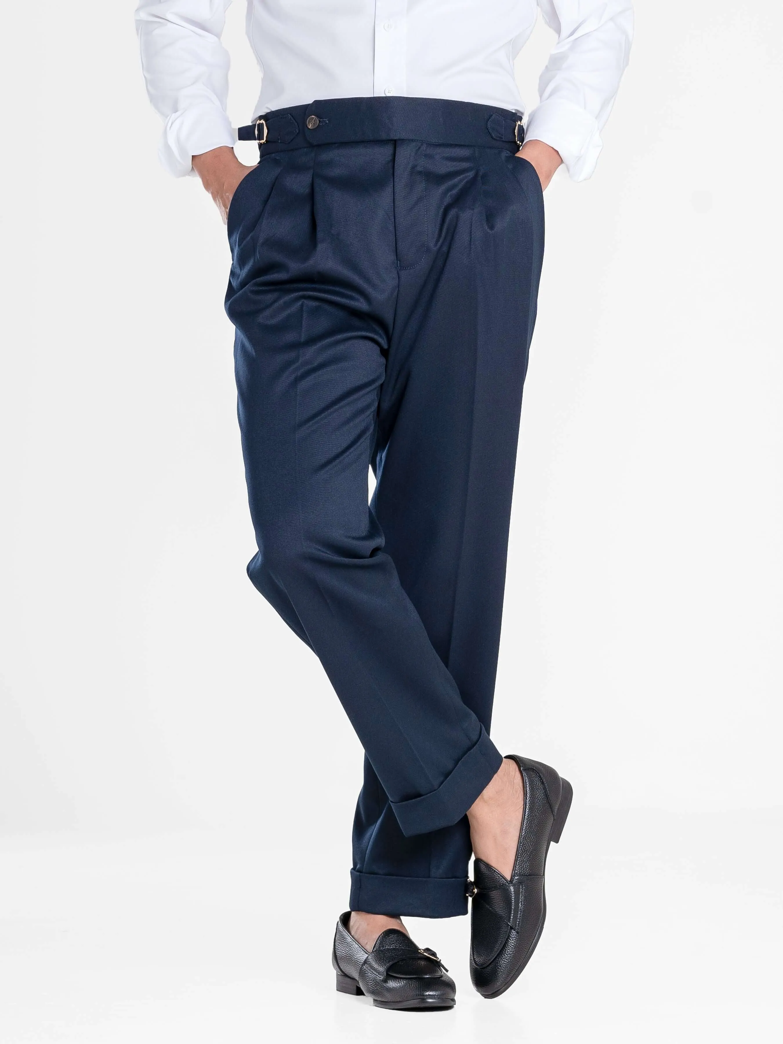 Trousers With Side Adjusters - Deep Blue Plain Cuffed (Stretchable)