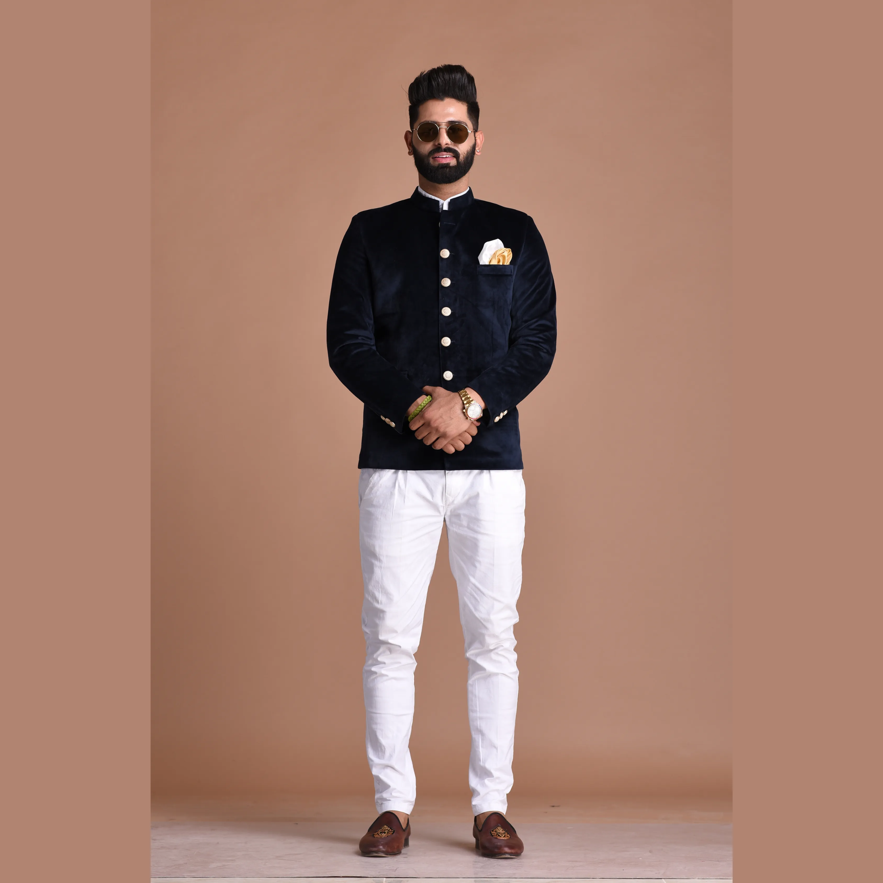 Velvet Navy Blue Color Jodhpuri Bandgala with Trouser