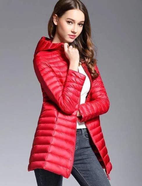 Woman Padded Hooded  White Duck Down Long Jacket