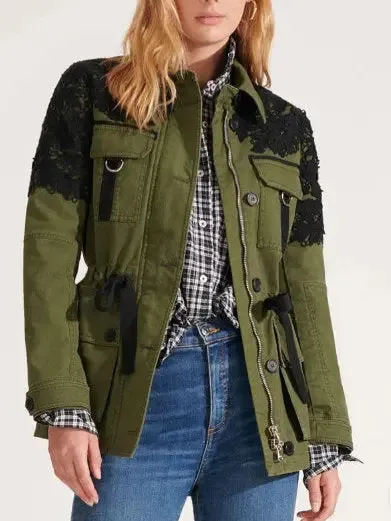 Women’s Army Green Utility Jacket with Black Lace Crochet Embroidery