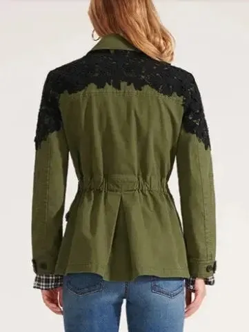 Women’s Army Green Utility Jacket with Black Lace Crochet Embroidery