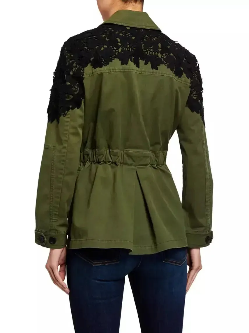 Women’s Army Green Utility Jacket with Black Lace Crochet Embroidery