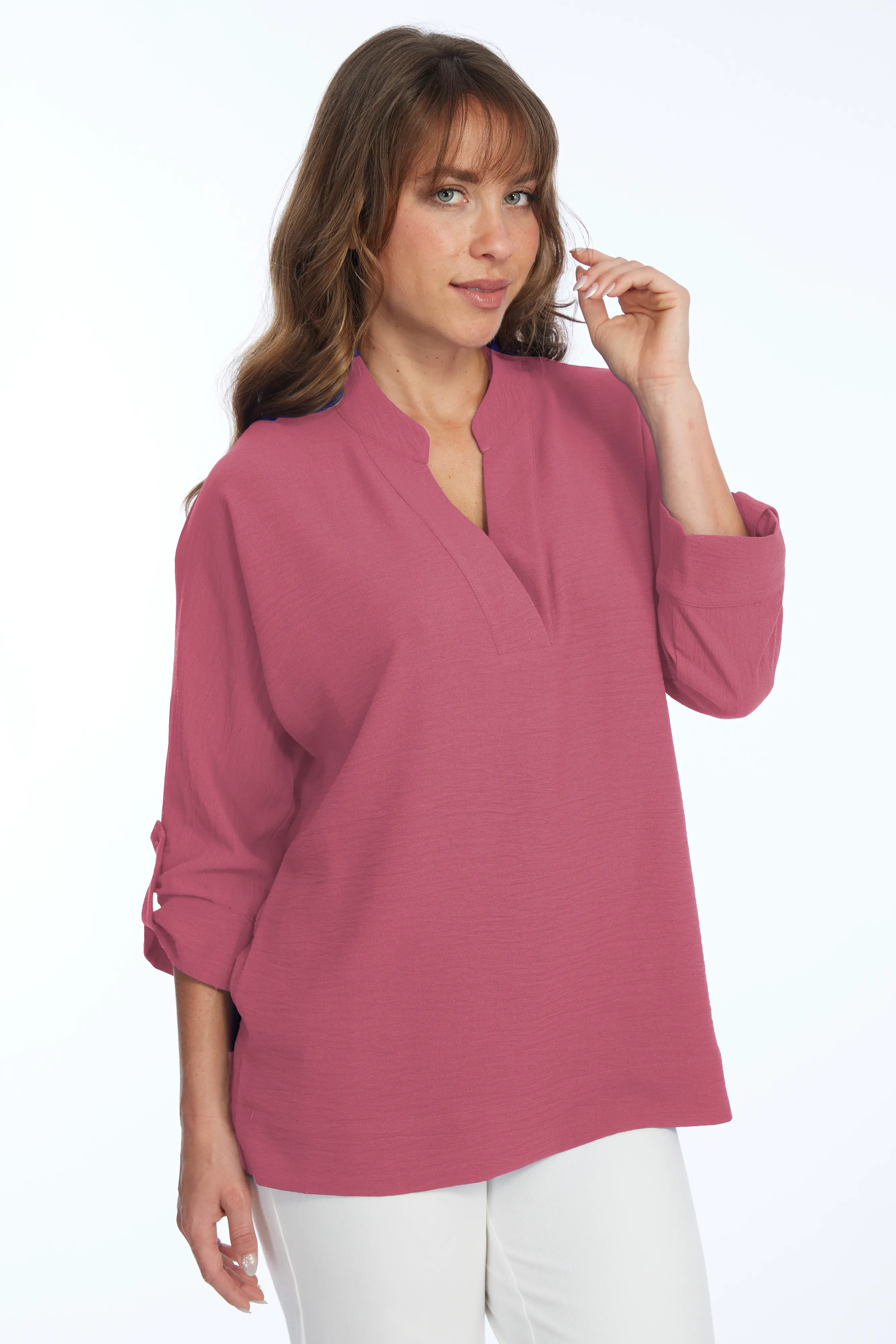 Women's Banded Collar V-Neck 3/4 Roll Tab Sleeve Blouse | Frida