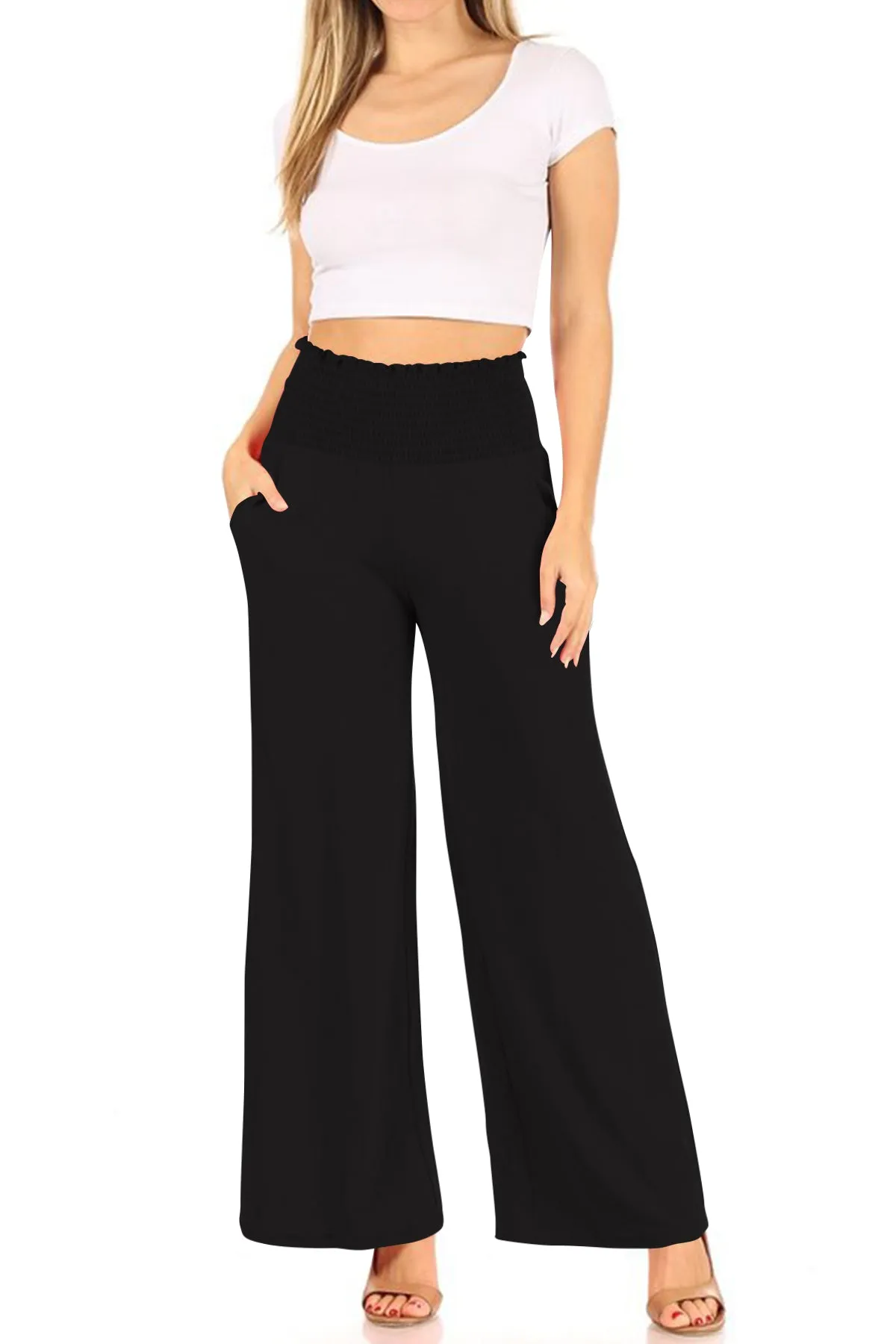 Women's Casual Full Length High Waist Side Pockets Relaxed Fit Wide Solid Lounge Pants