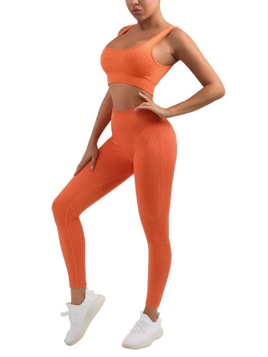 Women's Sexy 2 Piece Workout Suit-Seamless Ribbed Leggings and Square Cut Sports Bra Yoga Sportswear Set