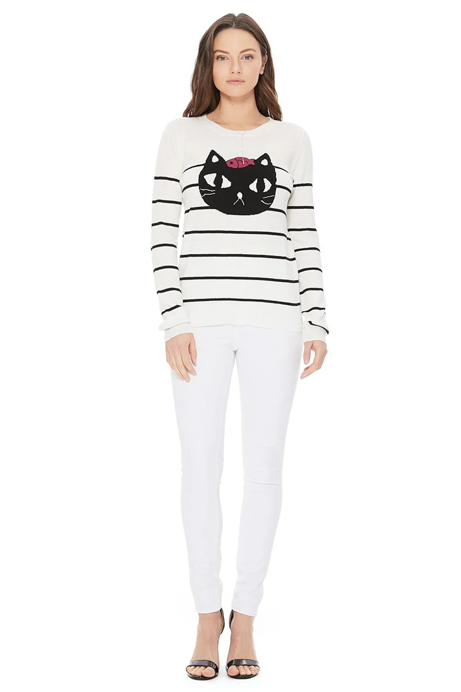 YEMAK Women's Striped Pattern Black Cat Crewneck Casual Jacquard Sweater MK8097