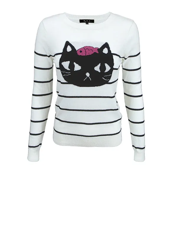 YEMAK Women's Striped Pattern Black Cat Crewneck Casual Jacquard Sweater MK8097