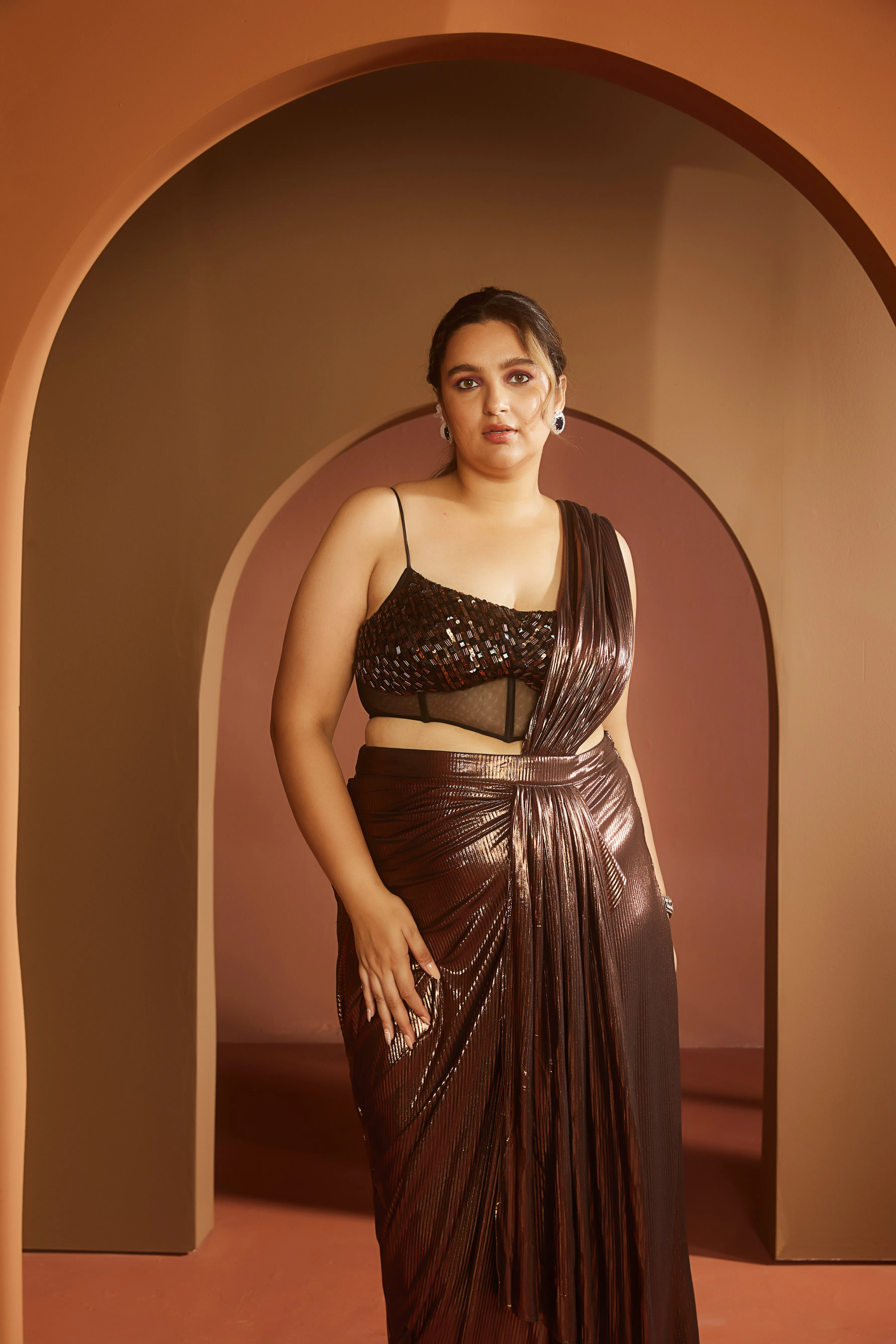 Zara Brown Metallic Pre-Draped Saree Set