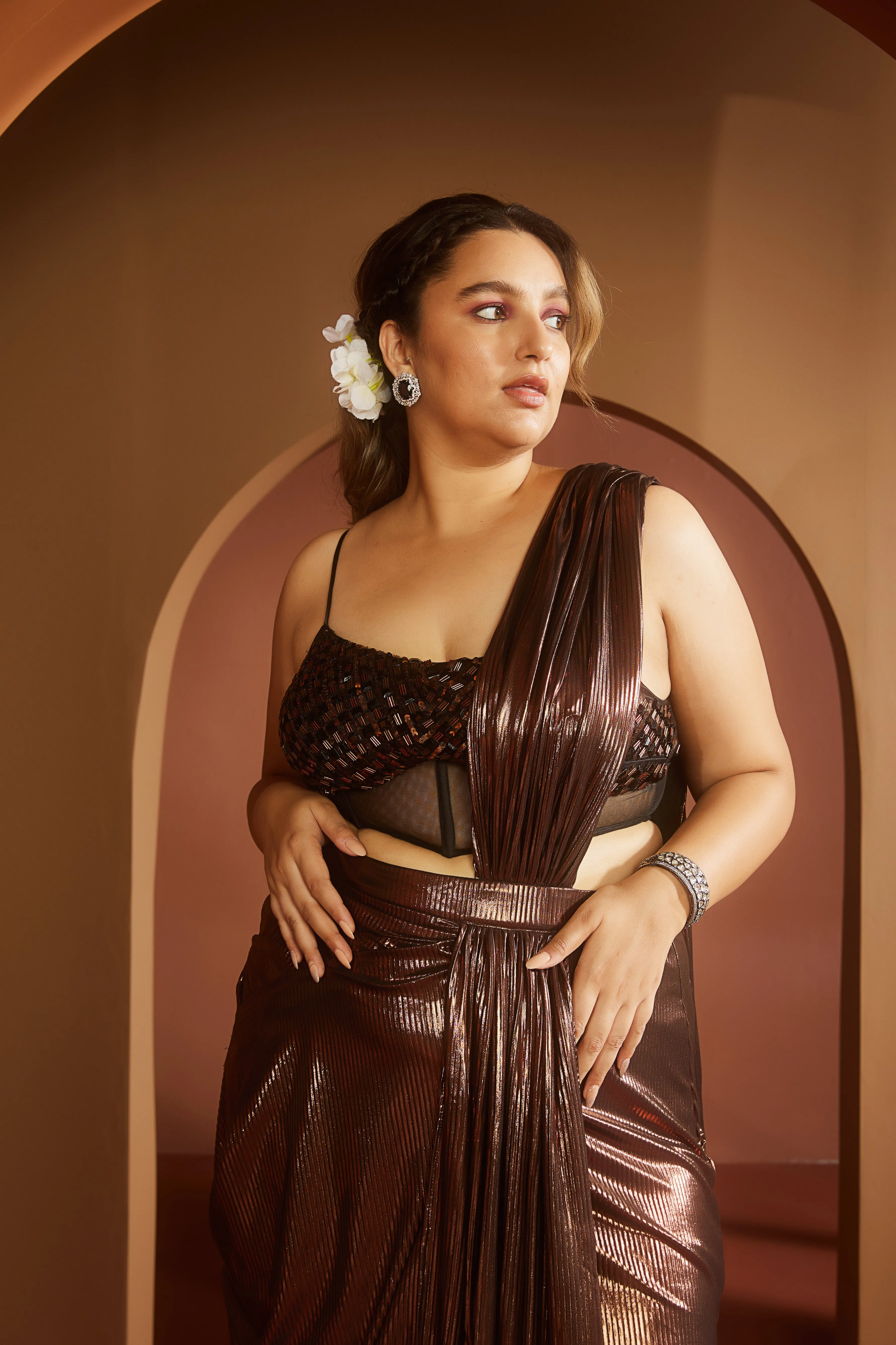 Zara Brown Metallic Pre-Draped Saree Set