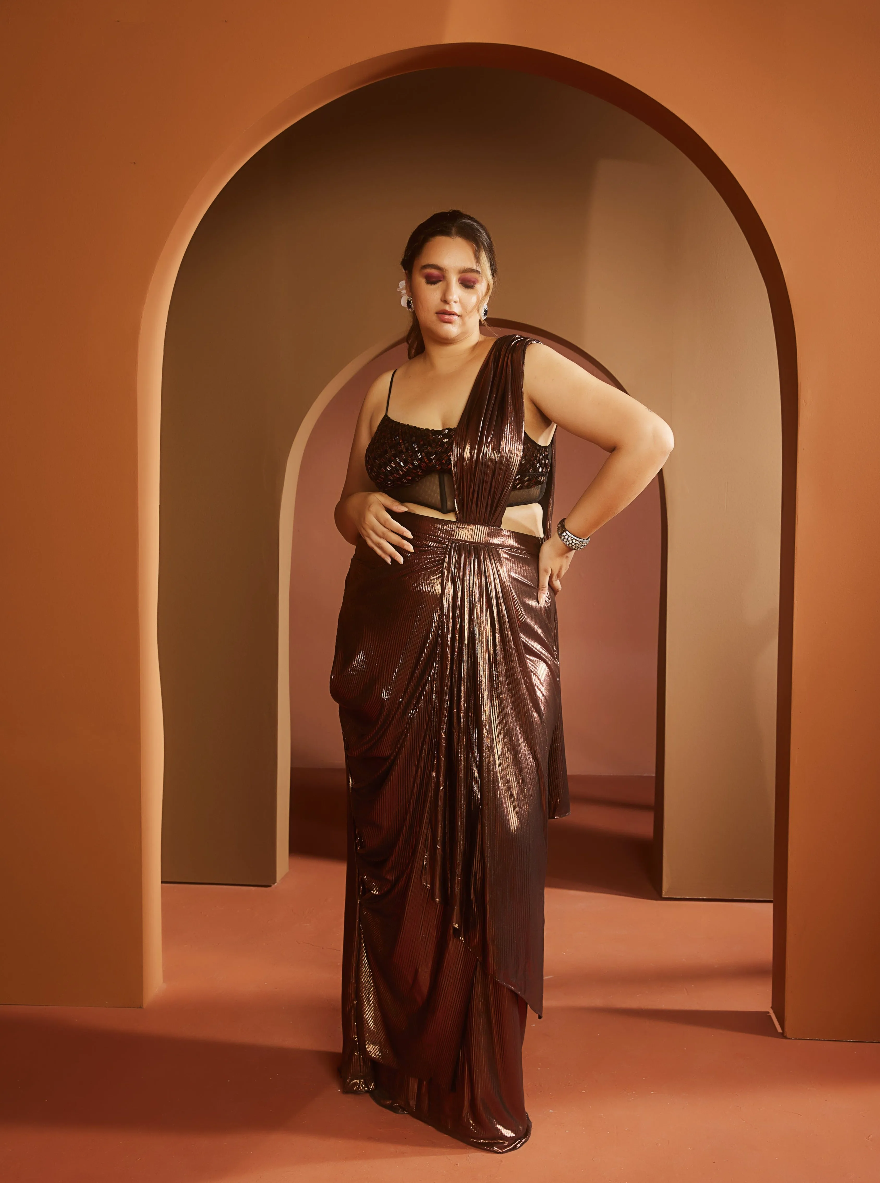 Zara Brown Metallic Pre-Draped Saree Set